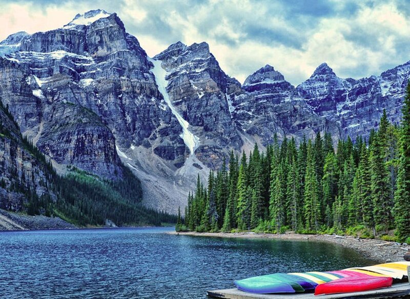 Mountain Lake with Canoes — Blue, Serene