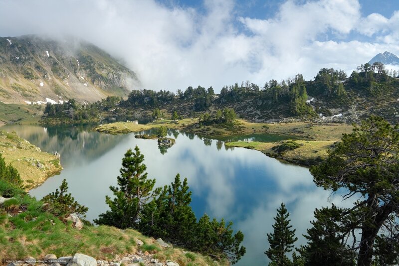Mountain lake with cloud reflections