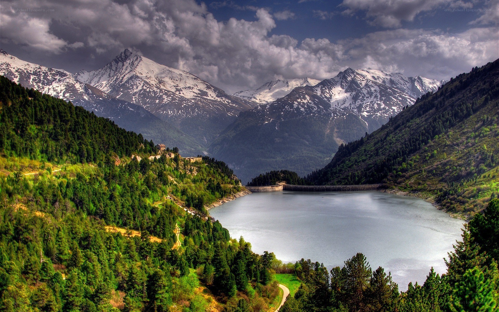 Mountain lake with dam