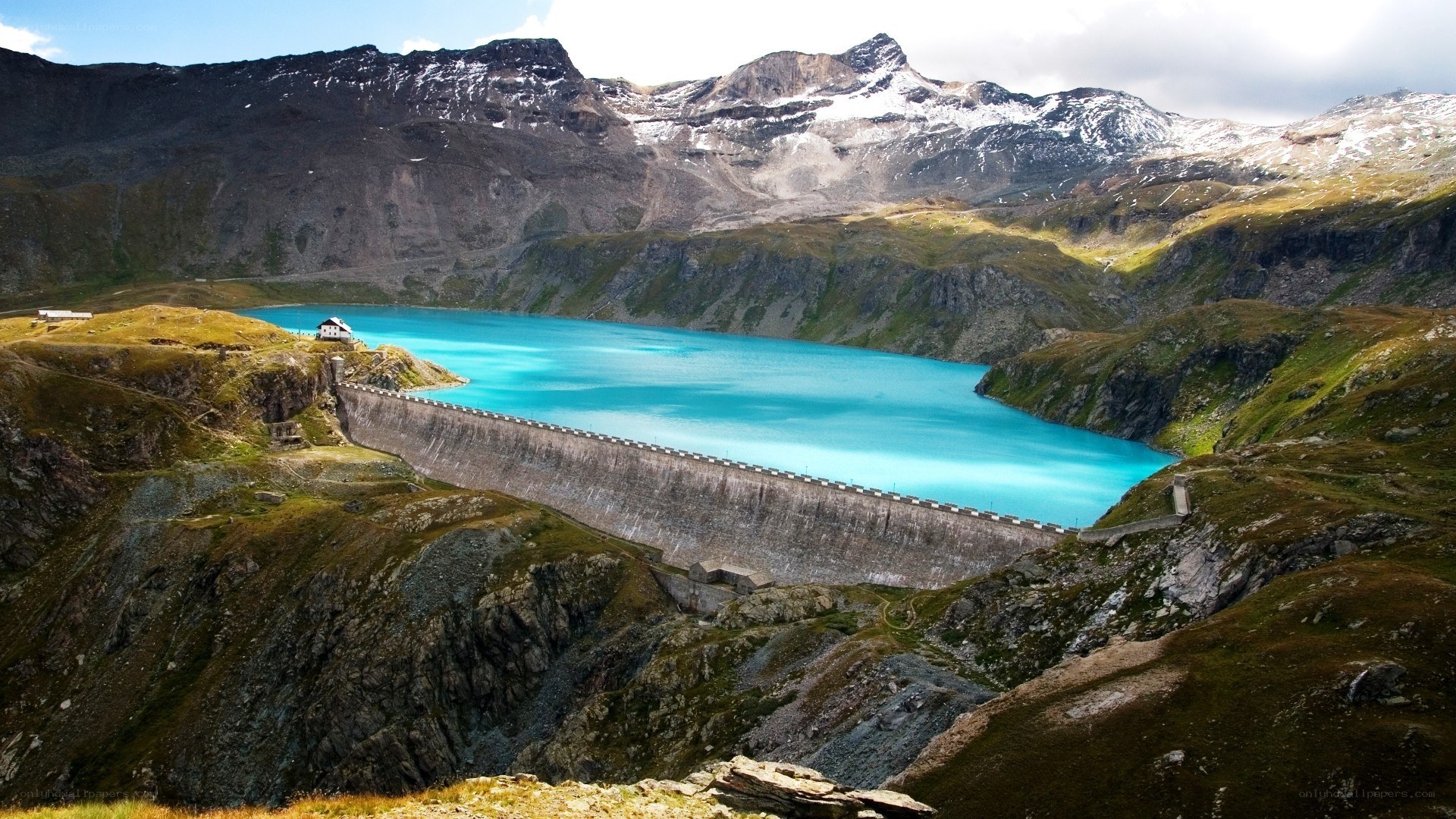 Mountain lake with dam