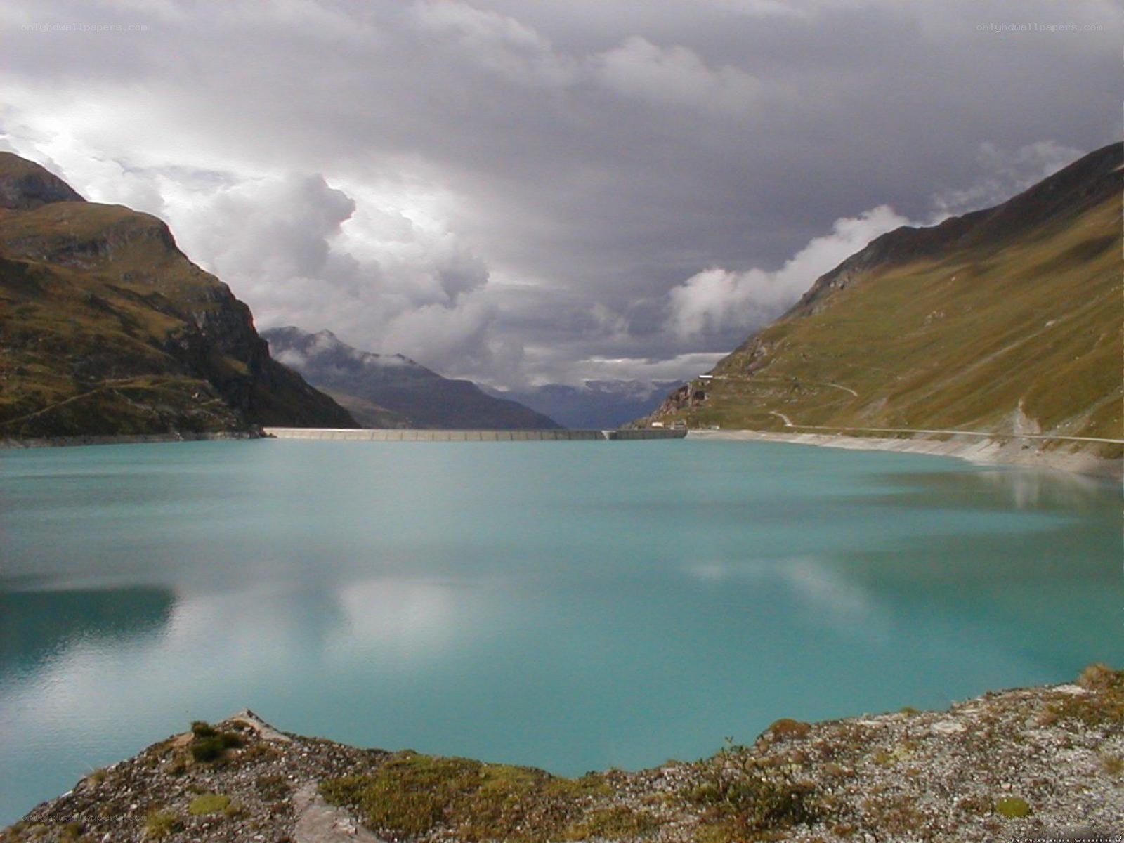 Mountain lake with dam