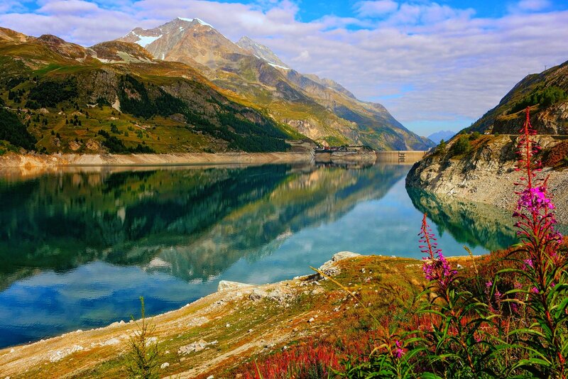 Mountain Lake with Dam — Blue, Serene, Afternoon