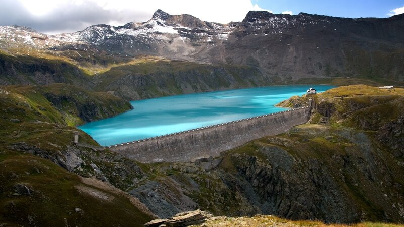 Mountain Lake with Dam — Blue, Serene