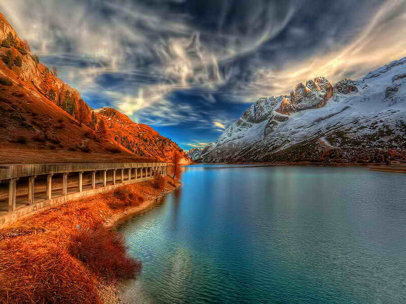 Mountain Lake with Dam — Blue