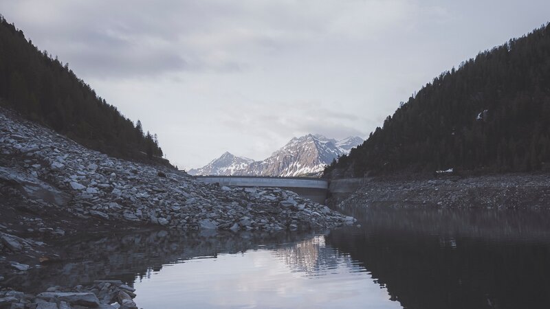 Mountain Lake with Dam — Gray