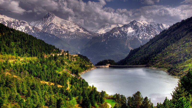 Mountain Lake with Dam — Green, Dramatic, Afternoon, Photograph
