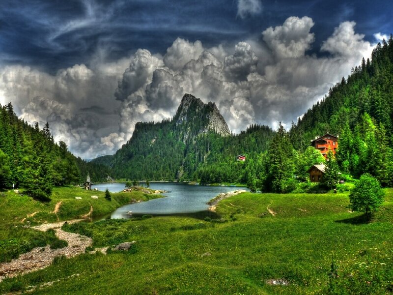 Mountain lake with dramatic clouds