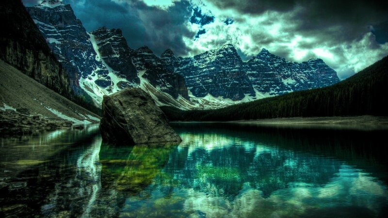 Mountain lake with dramatic sky