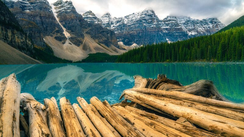 Mountain Lake with Driftwood — Blue, Serene, Afternoon, Photograph