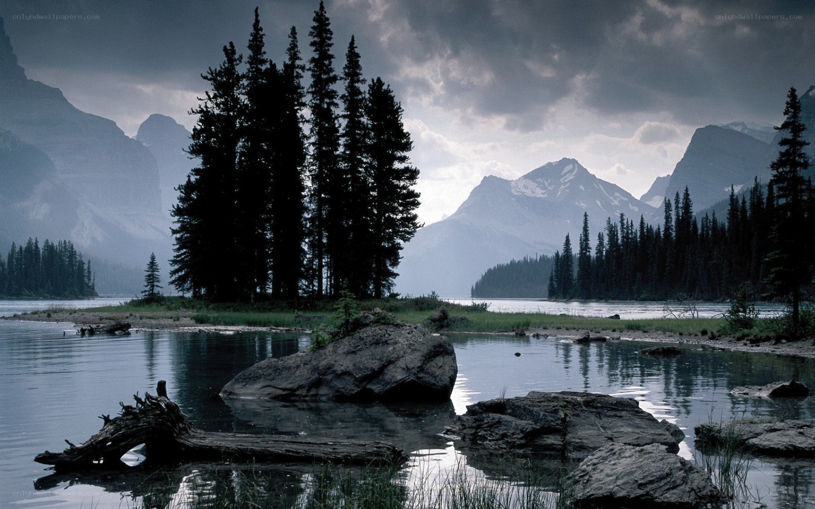 Mountain lake with evergreen trees