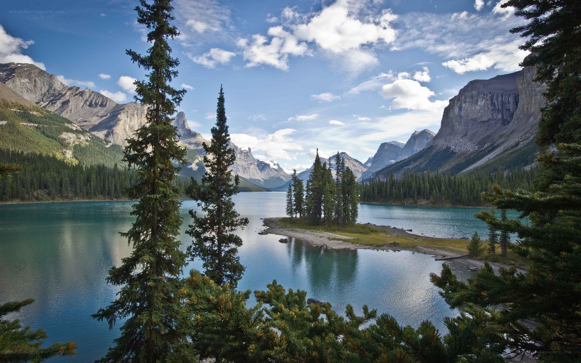 Mountain lake with evergreen trees