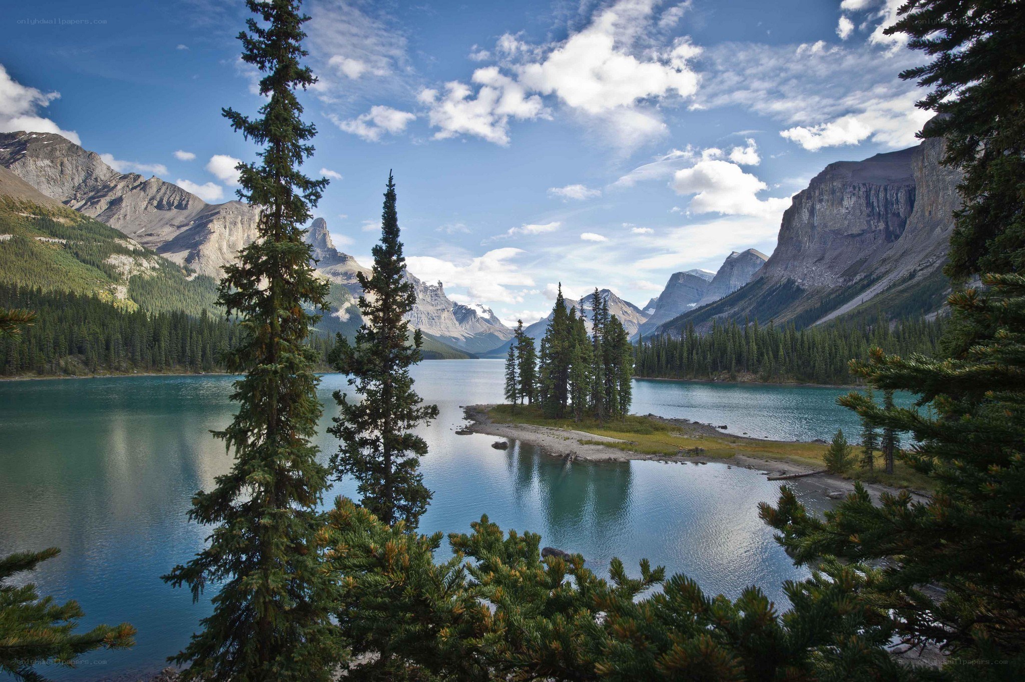 Mountain lake with evergreen trees