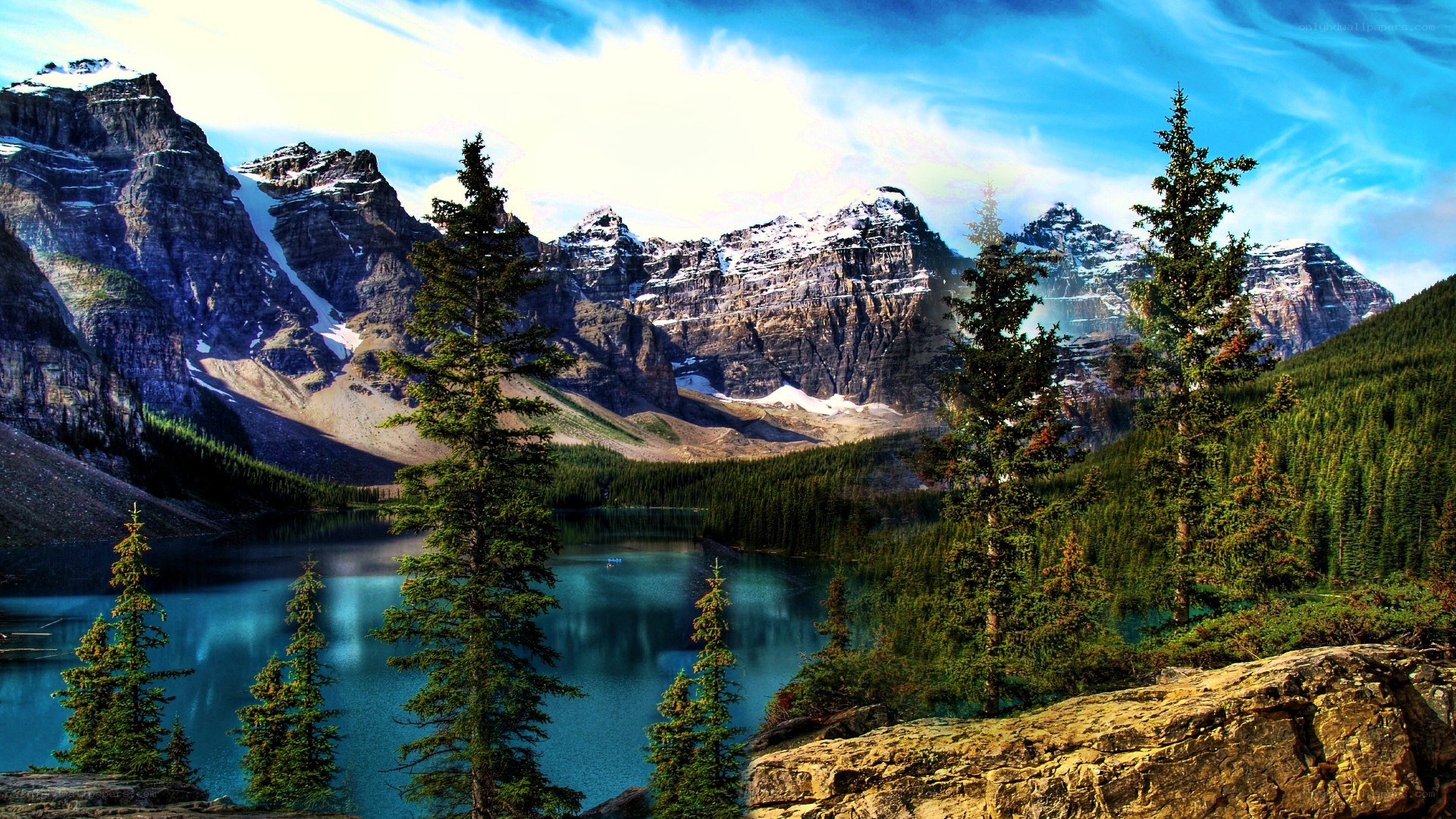 Mountain lake with evergreen trees
