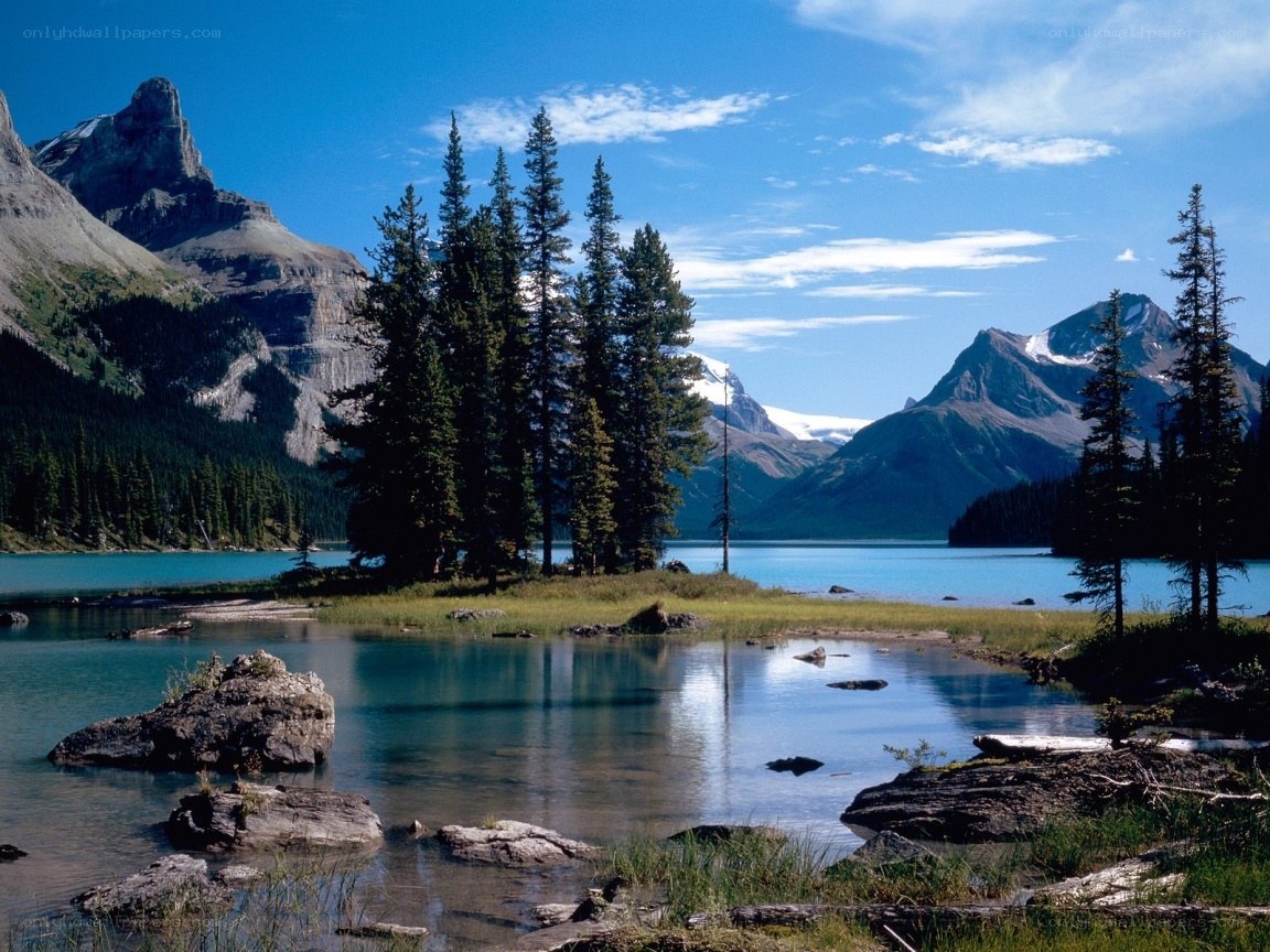 Mountain lake with evergreen trees