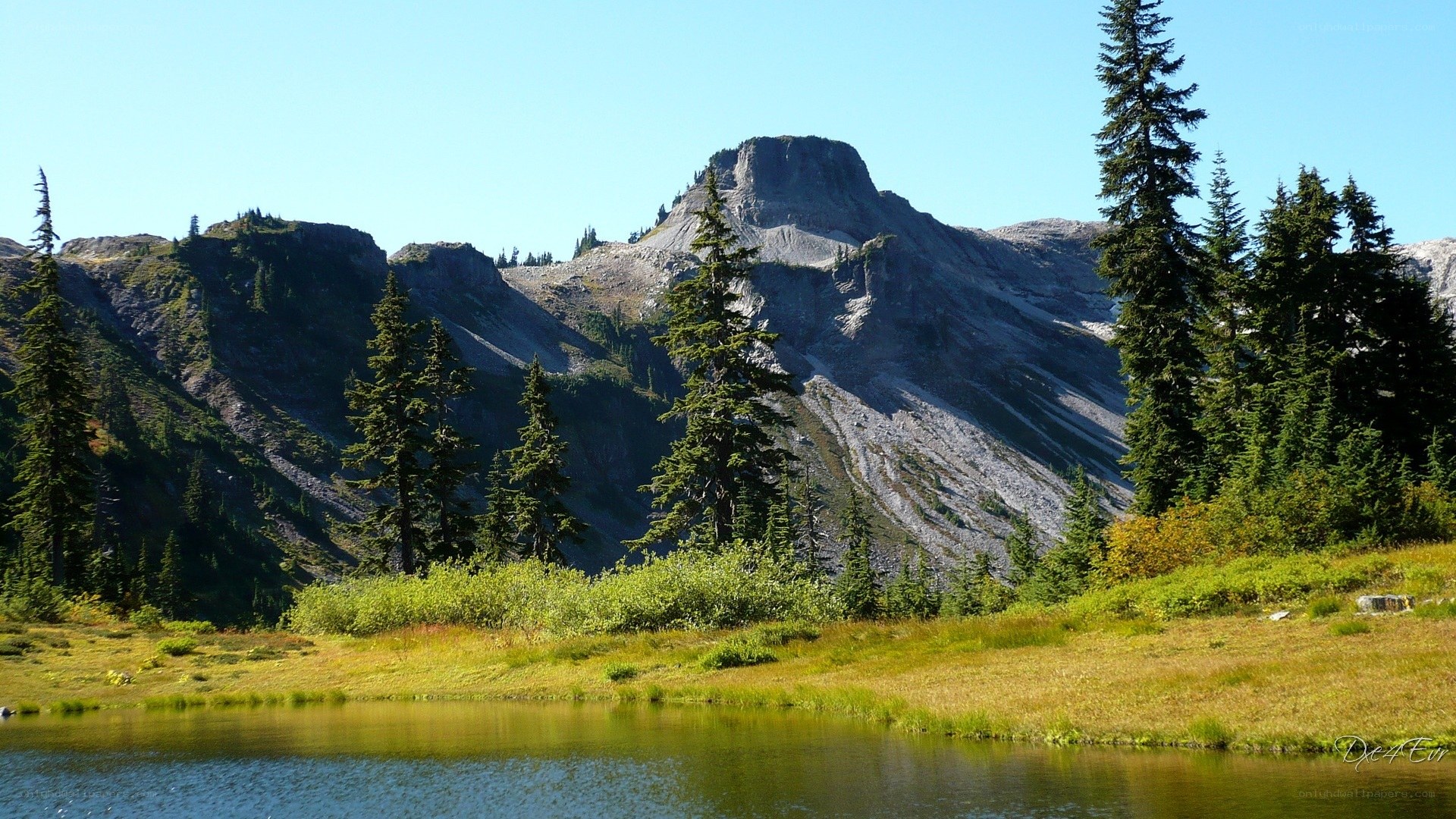 Mountain lake with evergreen trees