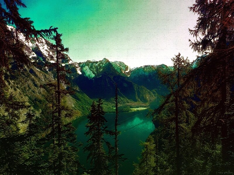 Mountain lake with evergreen trees