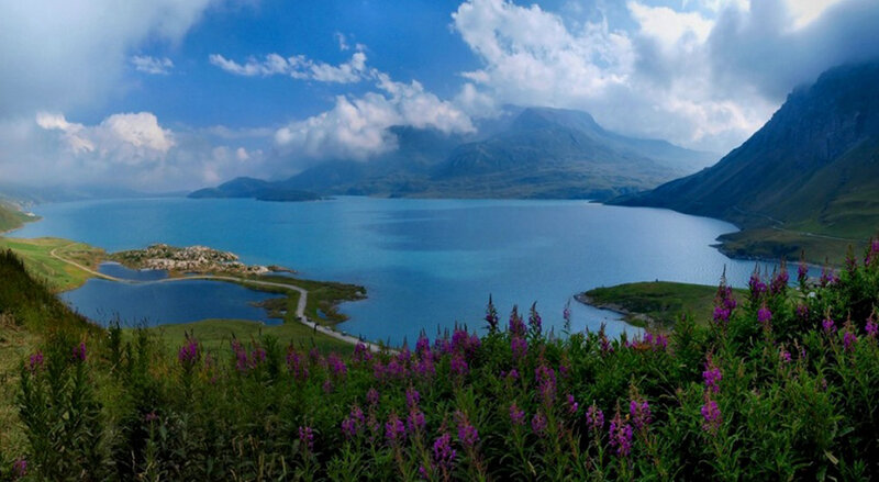 Mountain Lake with Flowers — Blue, Serene, Afternoon, Photograph, Mountains, Road