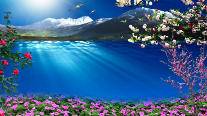 Mountain Lake with Flowers — Blue, Serene, Morning