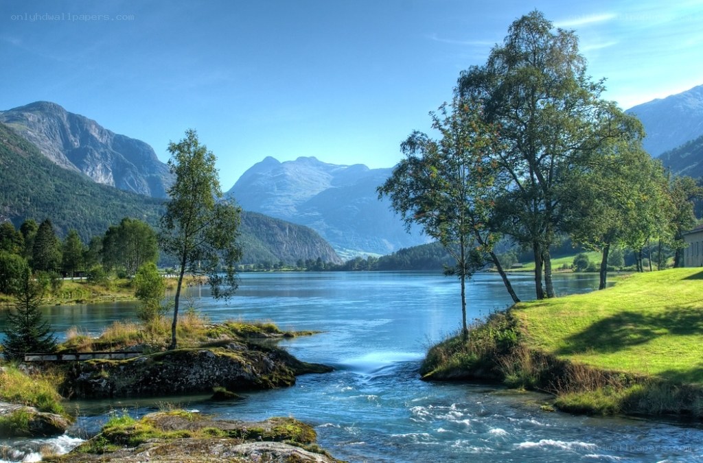 Mountain lake with flowing stream
