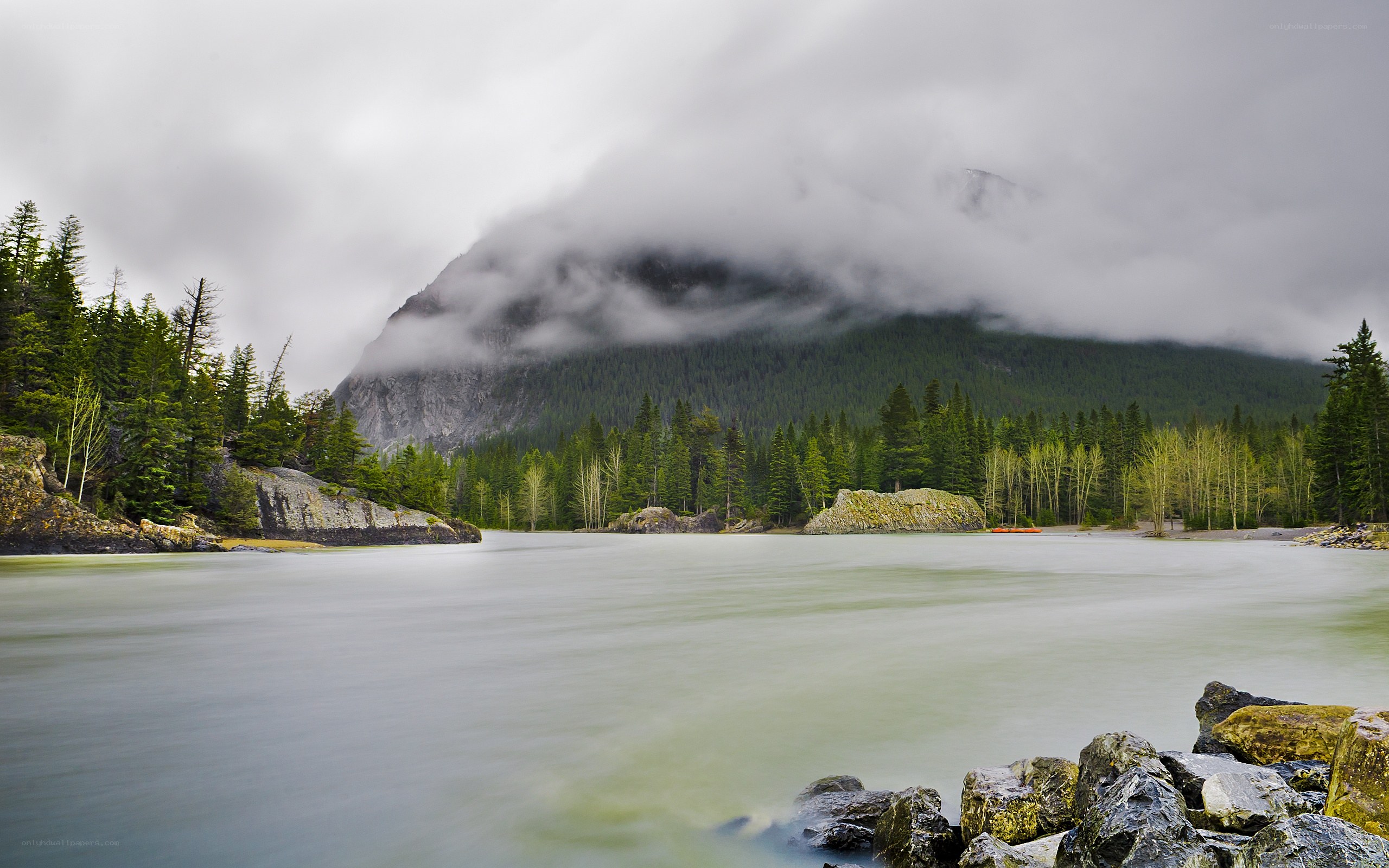 Mountain lake with fog