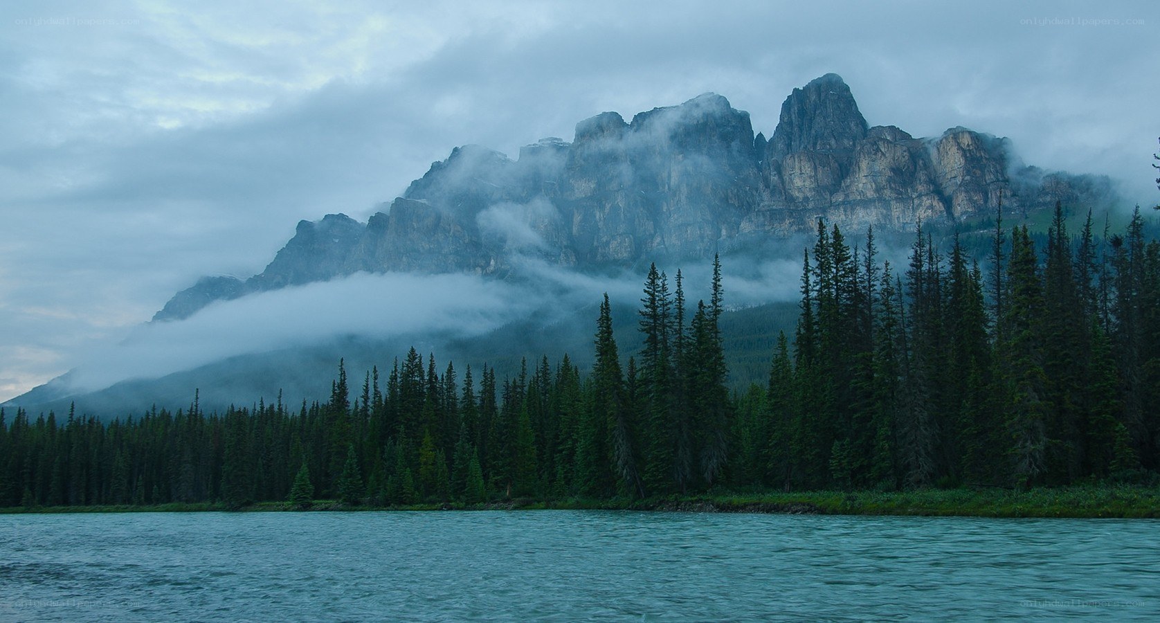 Mountain lake with fog and forest