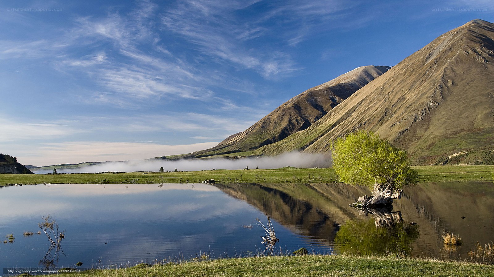 Mountain lake with fog and reflection
