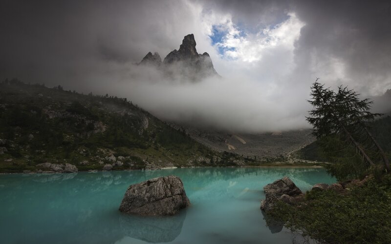 Mountain Lake with Fog — Blue, Dramatic