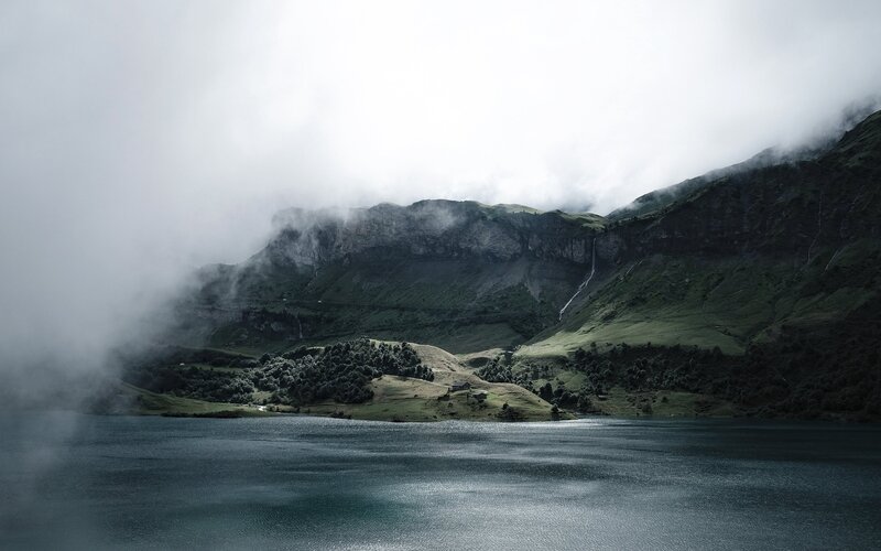 Mountain Lake with Fog — Green, Misty, Photograph