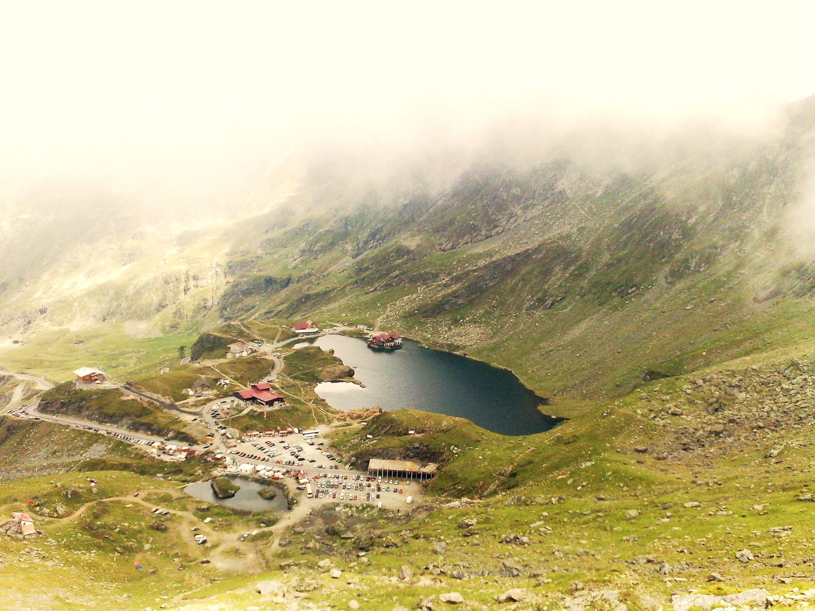 mountain lake with fog