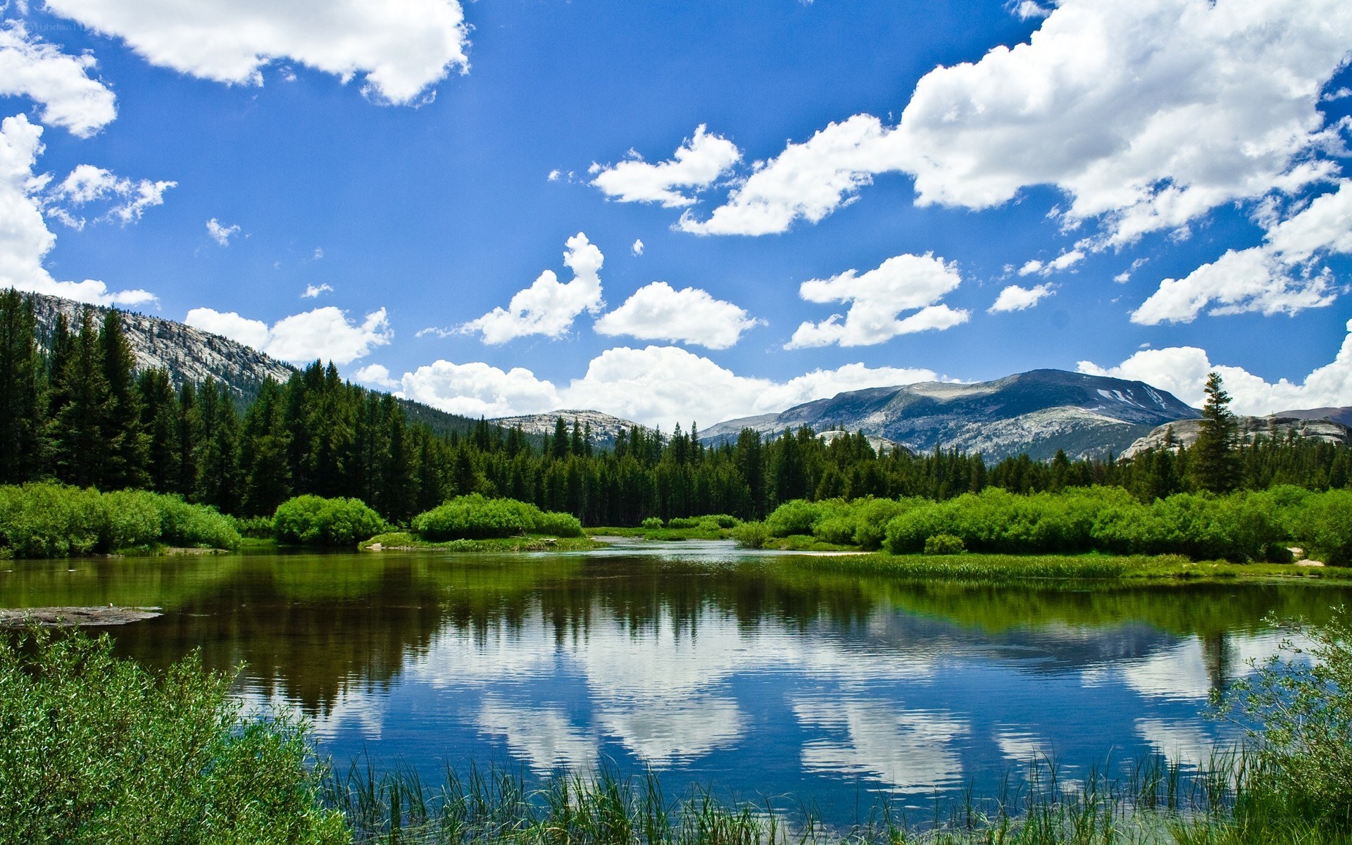 Mountain lake with forest and clouds