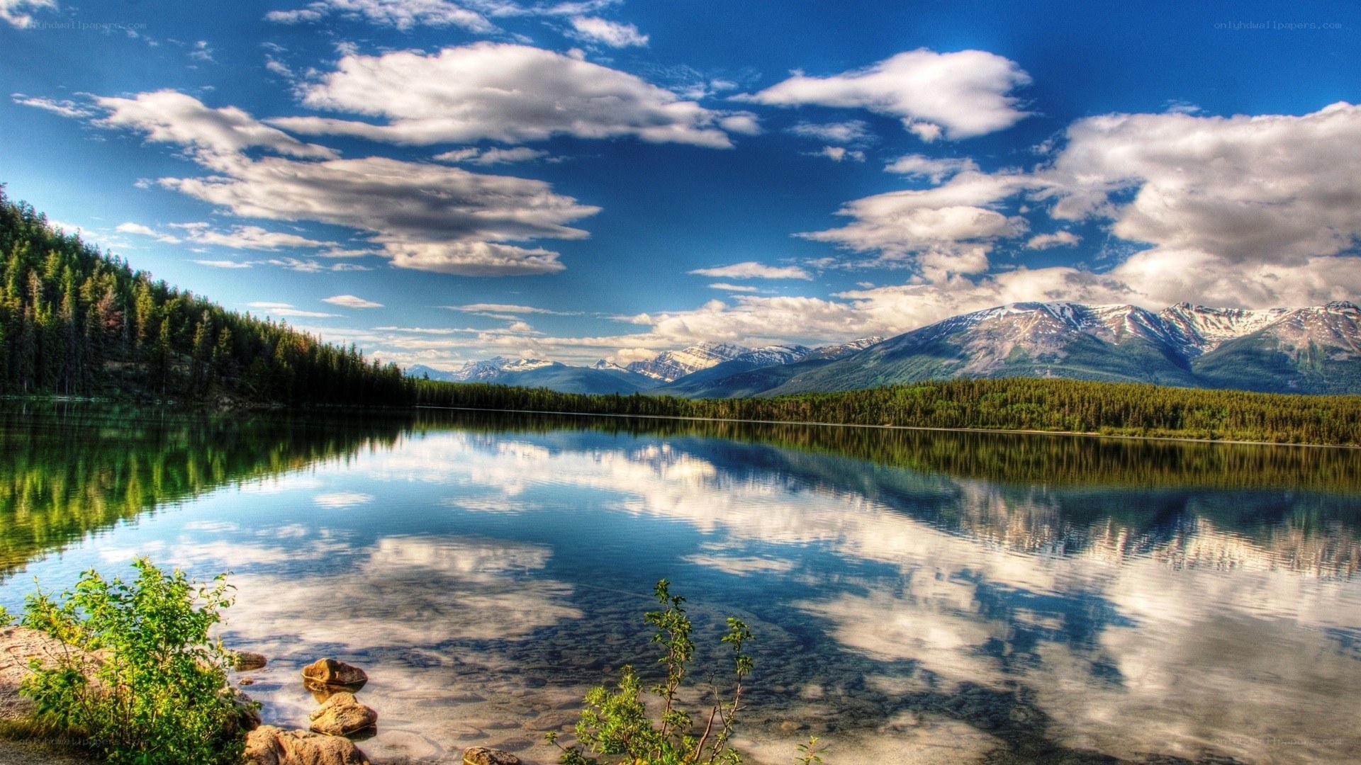 Mountain lake with forest and clouds