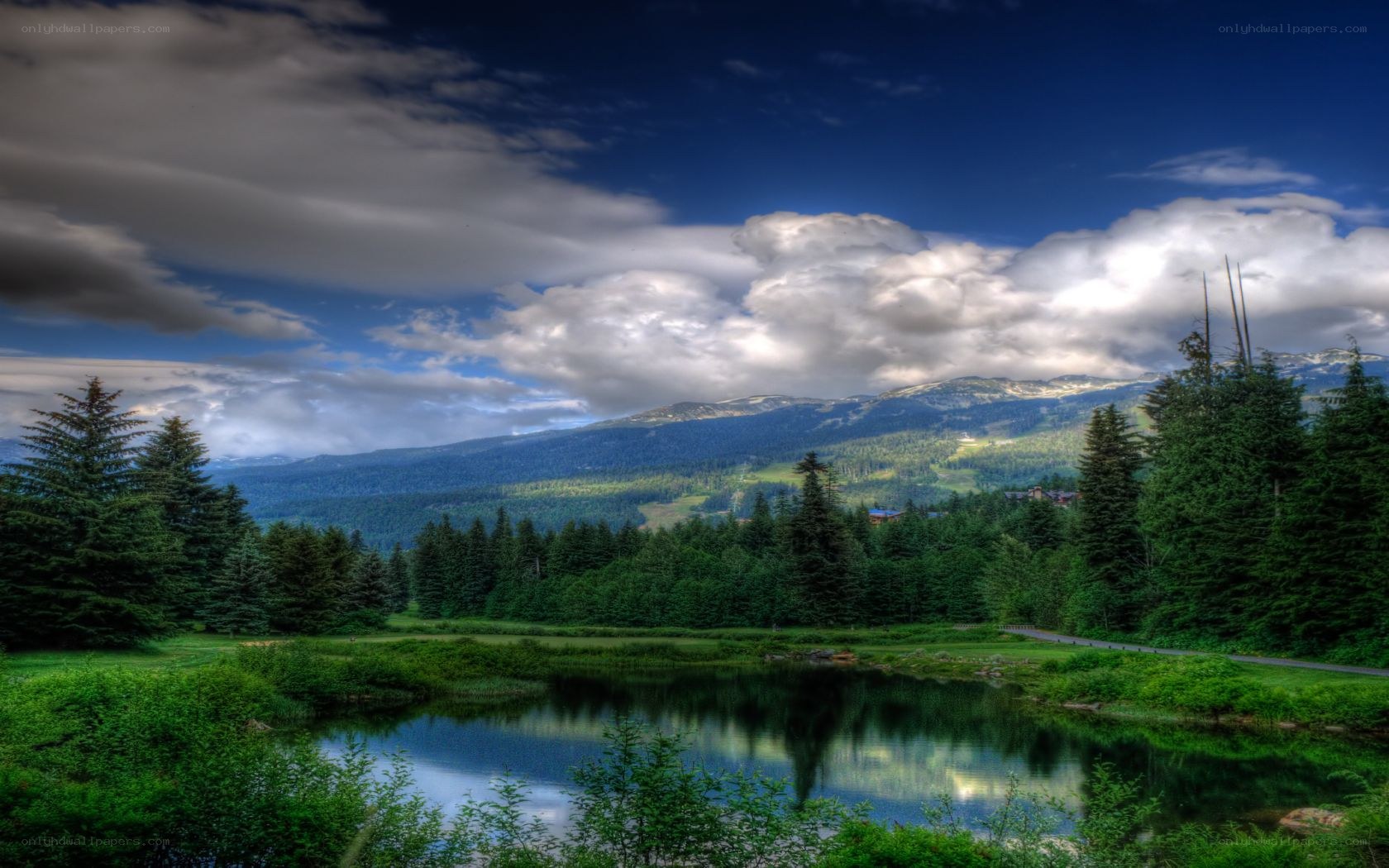 Mountain lake with forest and clouds