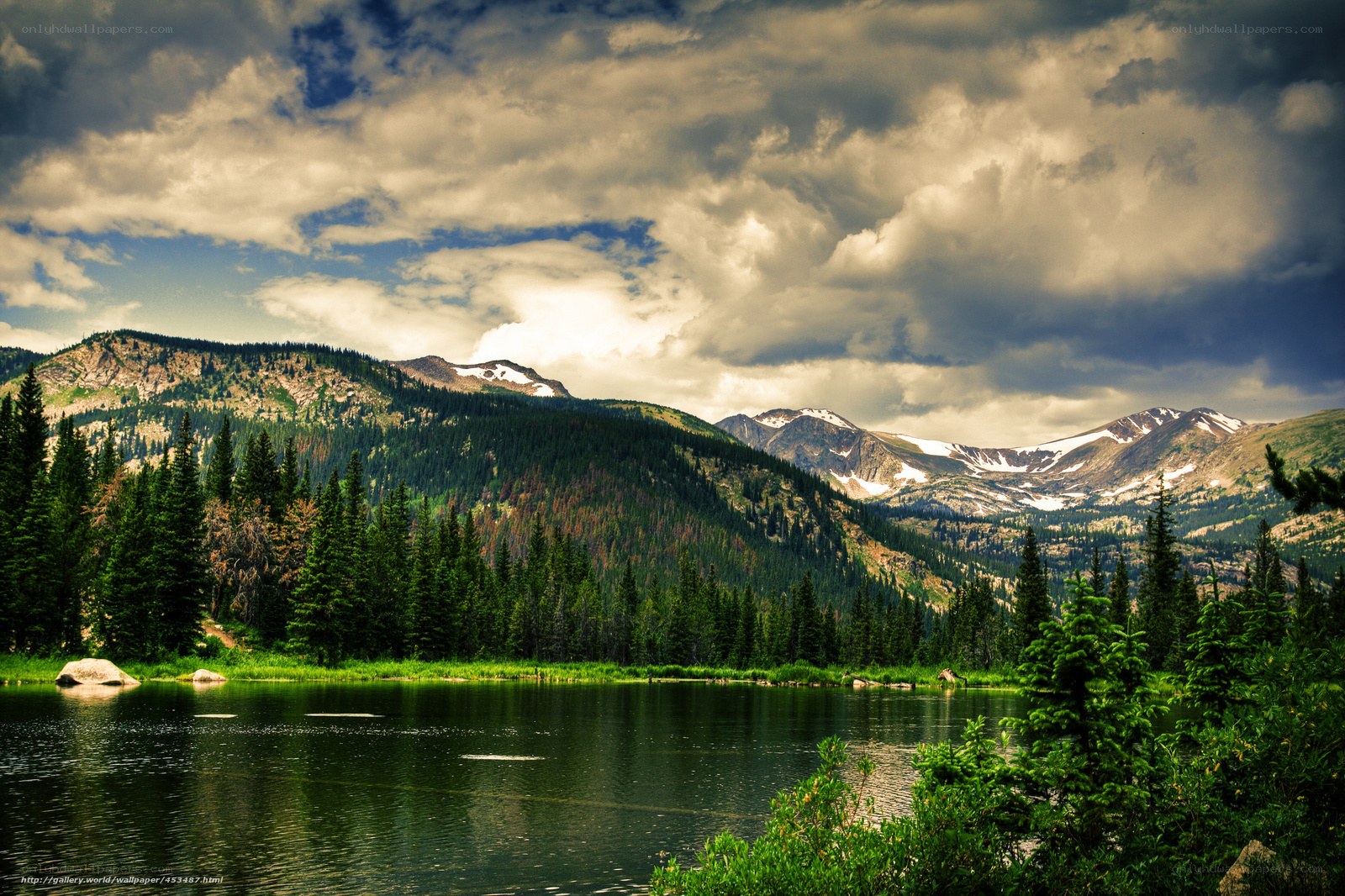 Mountain lake with forest and clouds