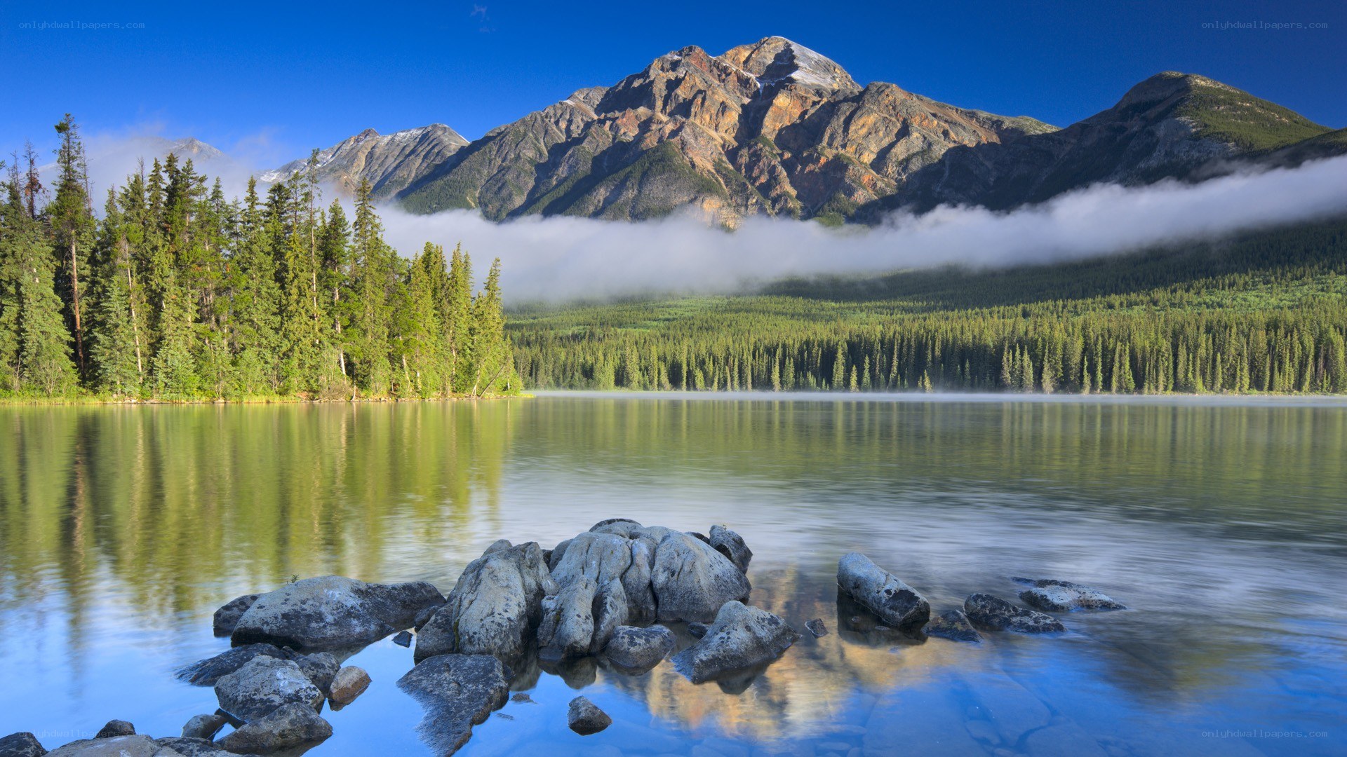 Mountain lake with forest and clouds
