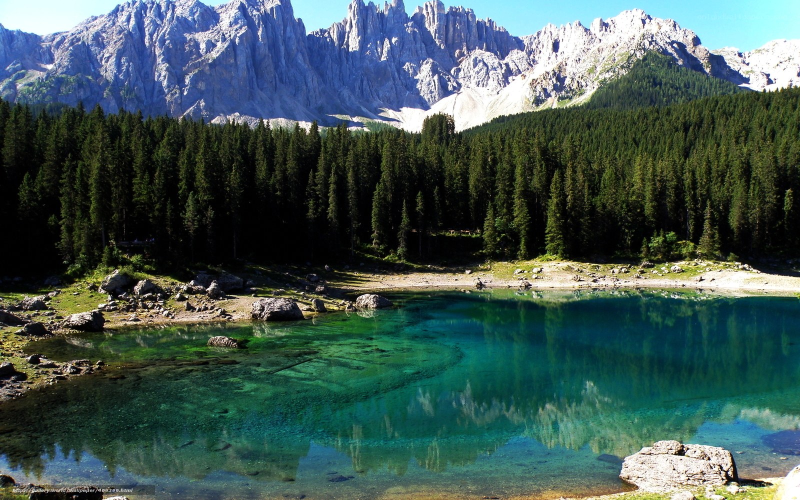 Mountain lake with forest and peaks