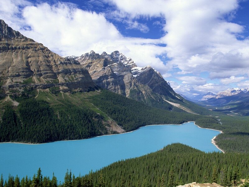 Mountain lake with forest and peaks