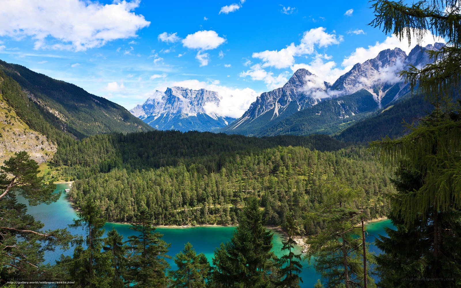 Mountain lake with forest and peaks