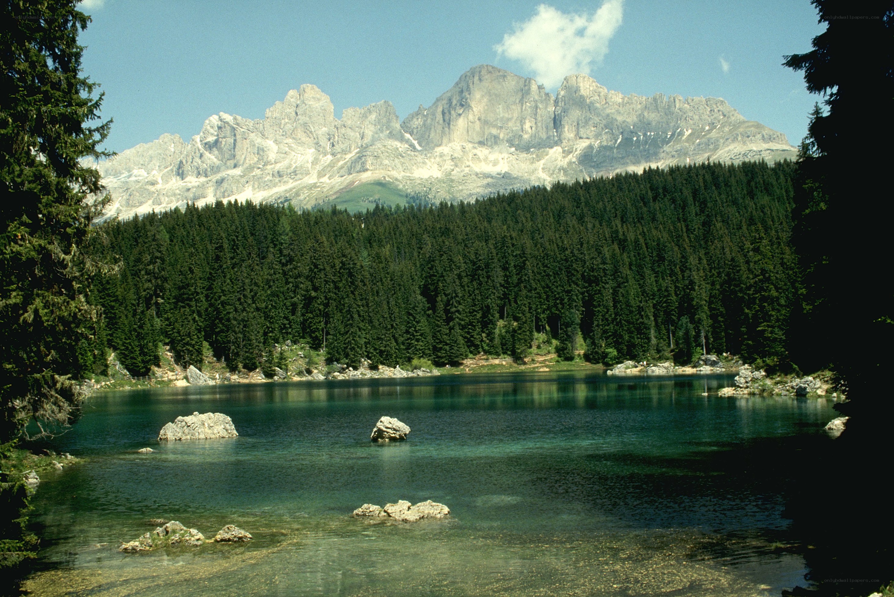 Mountain lake with forest and peaks