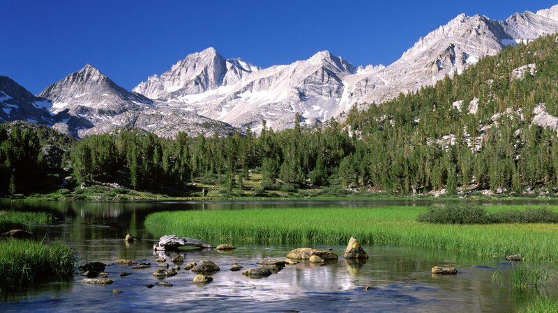 Mountain lake with forest and peaks