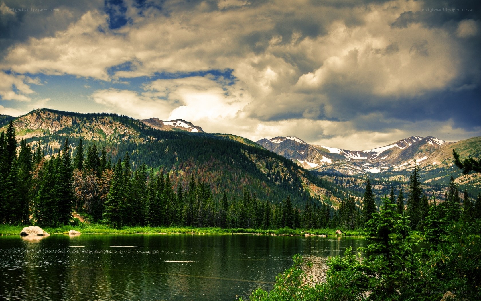 Mountain lake with forest and peaks