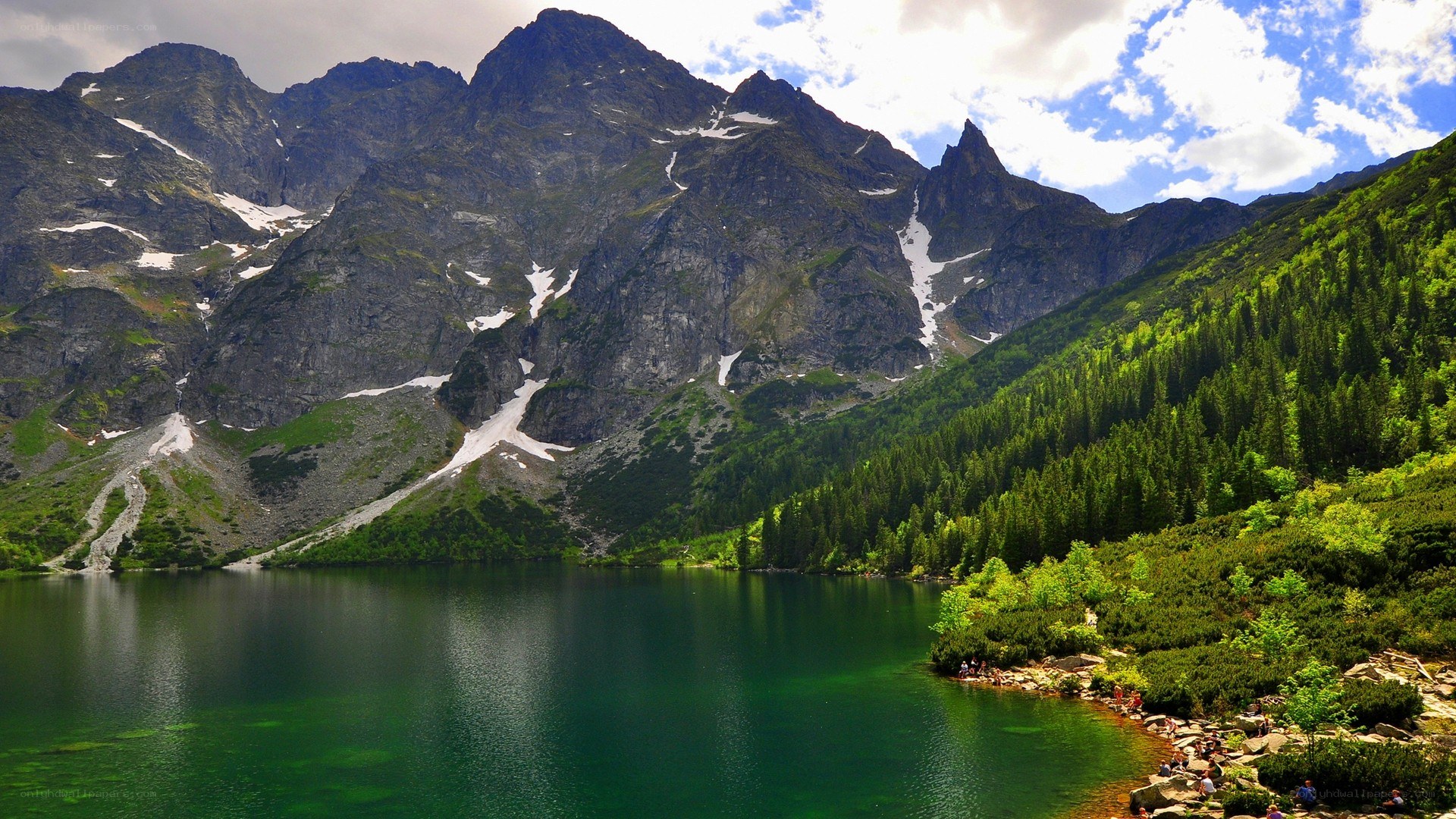 Mountain lake with forest and peaks
