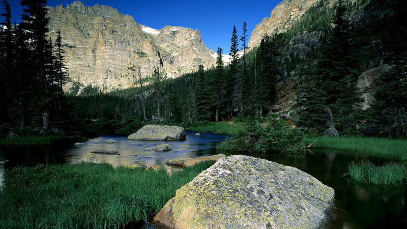 Mountain lake with forest and peaks