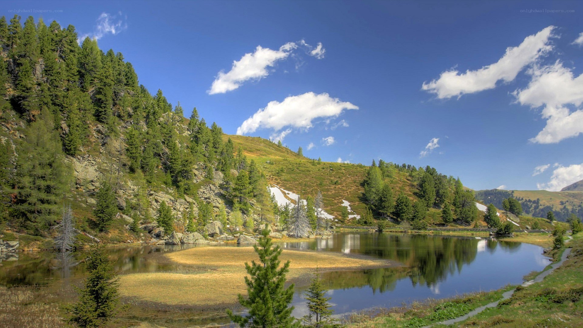 Mountain lake with forest and sky