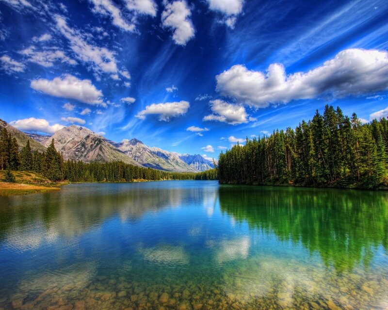 Mountain lake with forest and sky