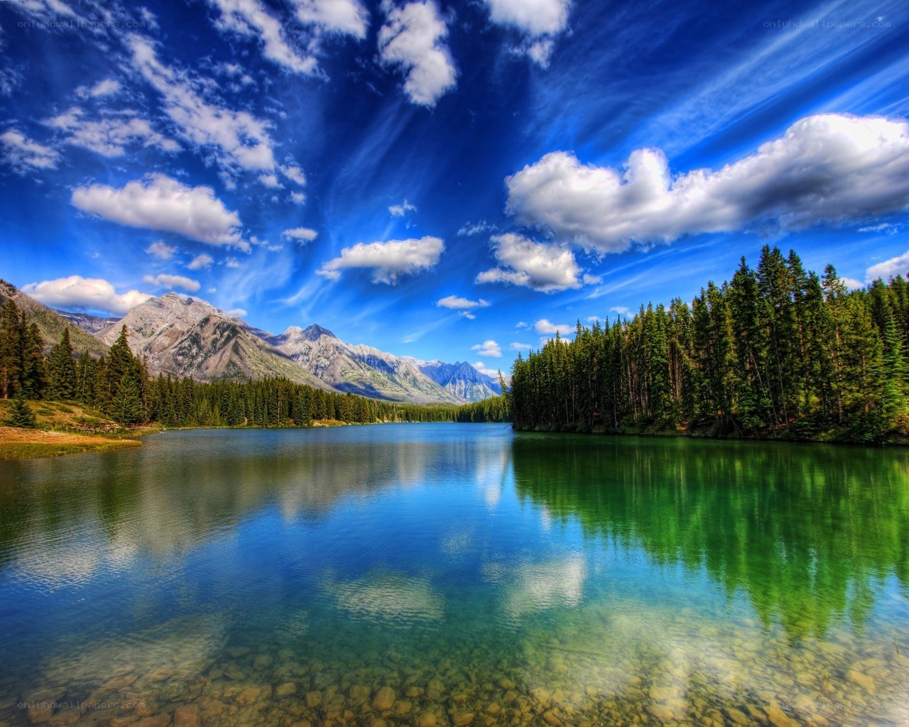 Mountain lake with forest and sky