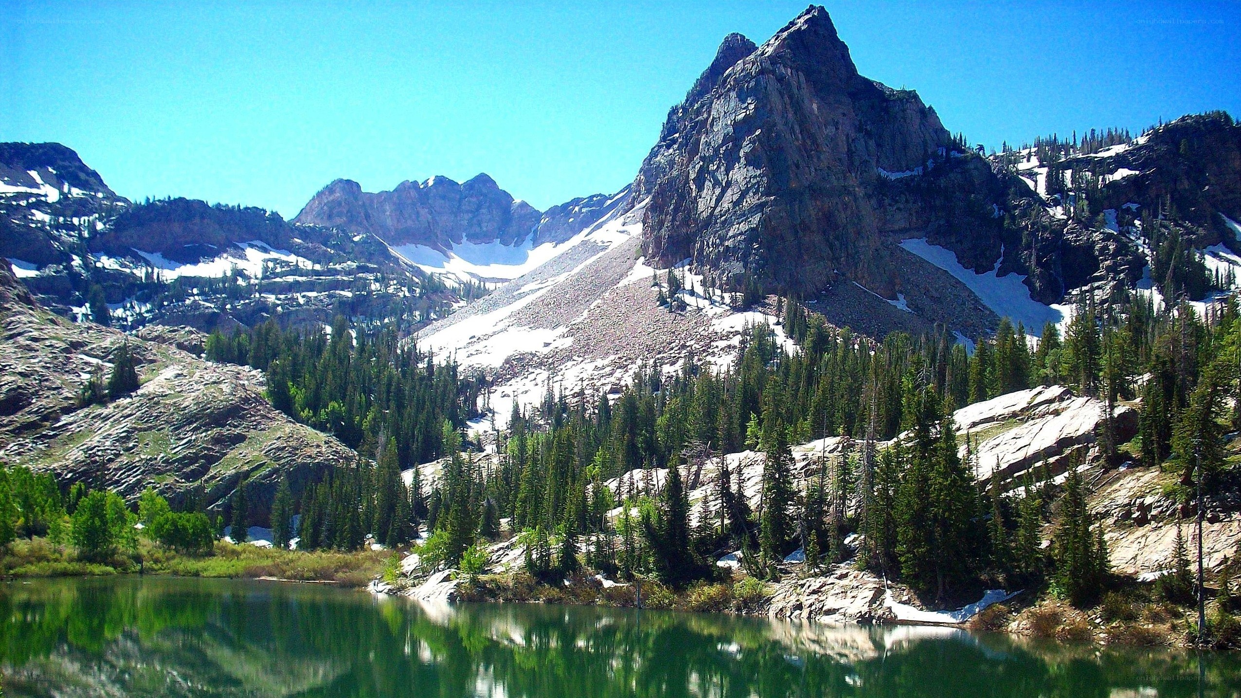 Mountain lake with forest and snow
