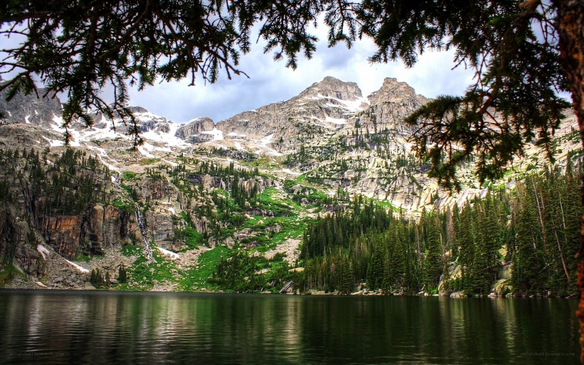 Mountain lake with forest and snow