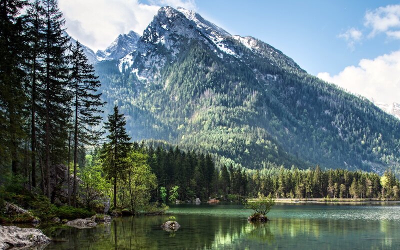 Mountain lake with forest and snow-capped peaks