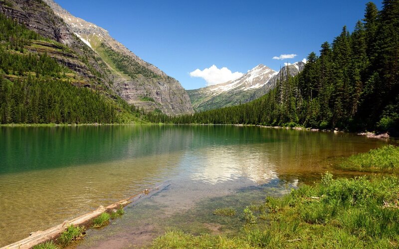 Mountain lake with forest and snow-capped peaks