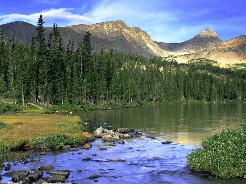 Mountain lake with forest and stream